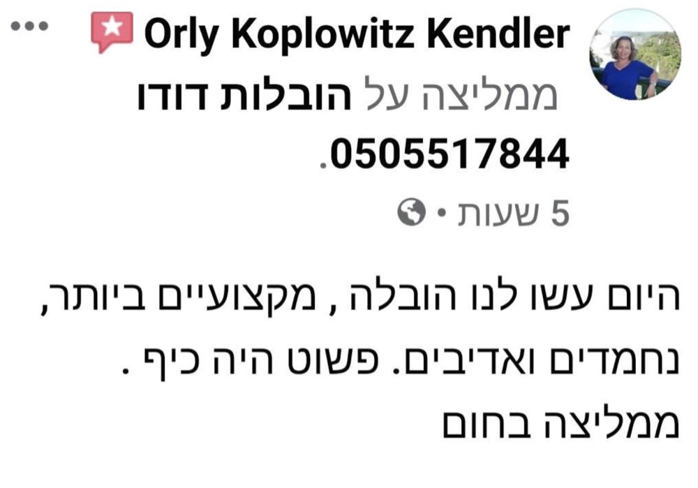 המלצה של אורלי קופלוביץ קנדלר על הובלות דודו
